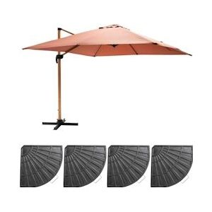Oviala Business Offset parasol 3x3m en 4 verzwaarde klei met houteffect - roze 109423