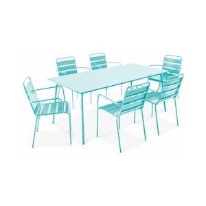 Oviala Business Set van tuintafel en 6 turquoise metalen fauteuils - Oviala - blauw Staal 109247
