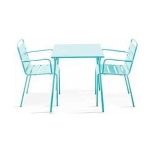 Oviala Business Vierkante tuintafel en 2 turquoise stalen fauteuils - Oviala - blauw Staal 109159