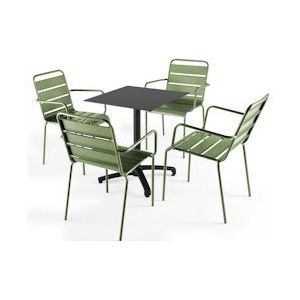 Oviala Business Set van zwarte laminaat terrastafel en 4 cactusgroene fauteuils - groen Metaal 108141