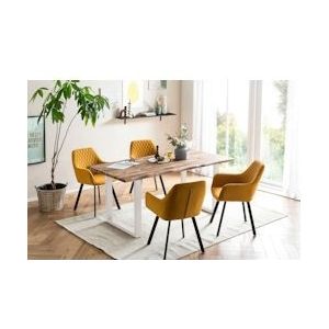 SalesFever 5-delige | acacia tafelblad - naturel | metalen frame - wit | 4x fluwelen stoelen - geel, zwart | 160 x 90 cm - 369661