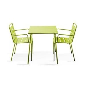Oviala Business Vierkante tuintafel en 2 groene stalen fauteuils - Oviala - groen Staal 104805