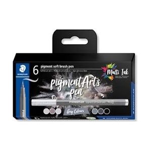 Staedtler Pigment Arts soft brush pen, etui van 6 stuks, grijstinten - blauw Papier 4007817098639