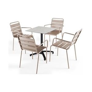 Oviala Business Terrazzo laminaat tuintafel en 4 taupe fauteuils - Oviala - grijs Metaal 108159