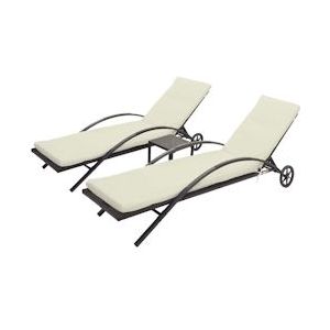 Mendler Set van 2 ligstoelen HWC-E27, relaxligstoel tuinligstoel, poly-rattan ~ bruin, kussen crème-beige - zwart Kunststof 76138