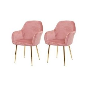 Mendler Set van 2 eetkamerstoel HWC-F18, stoel keukenstoel, retro design ~ fluweel oud roze, gouden poten - roze Textiel 75716