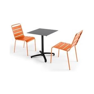 Oviala Business Set grijze leisteen laminaat tuintafel en 2 oranje stoelen - Oviala - oranje Metaal 108178