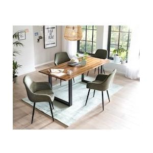 SalesFever Acacia tafelgroep 160 cm | 5-delig | 26 mm bovenblad cognac | metalen frame zwart | armstoelen in bedrukte stof | groen - 370704