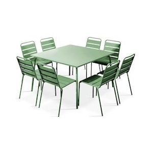 Oviala Business Set van tuintafel en 8 cactusgroene metalen stoelen - groen Staal 106048