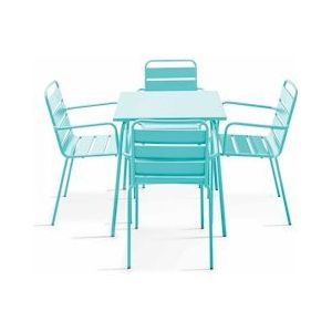 Oviala Business Vierkante terrastafel en 4 turquoise stalen armstoelen - Oviala - blauw Staal 109187