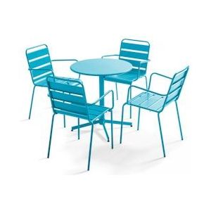 Oviala Business Set van tuintafel en 4 blauwe metalen fauteuils - Oviala - blauw Staal 105413