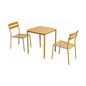 Oviala Business Vierkante terrastafel (70 x 70cm) en 2 mosterdgele stoelen - geel 111375