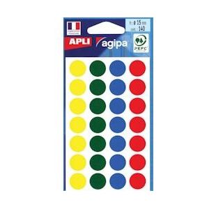 Agipa ronde etiketten in etui diameter 15 mm, geassorteerde kleuren, 140 stuks, 28 per blad - 3270241006254