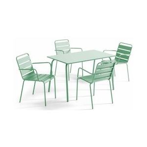 Oviala Business Saliegroen metalen terrastafel en 4 fauteuils - Oviala - groen Staal 109215