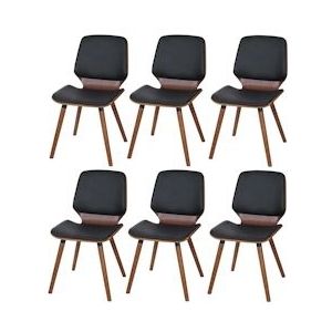 Mendler Set van 6 eetkamerstoelen HWC-B16, hout gebogen hout retro design walnoot look ~ kunstleer zwart - zwart Synthetisch materiaal 3x60095