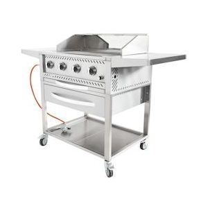 METRO Professional Gasbarbecue met 4-pits plancha, roestvrij staal, 146 x 70 x 111 cm, 17,2 kW, verrijdbaar met rem, zilver - zilver Roestvrij staal 4067373120717