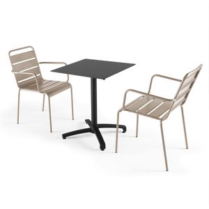 Oviala Business Set van 60 cm zwarte tafel en 2 taupe metalen fauteuils - grijs Aluminium 111600