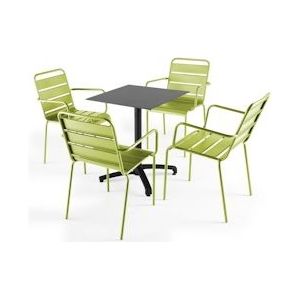 Oviala Business Set van grijze leisteen laminaat terrastafel en 4 groene fauteuils - groen Metaal 108147