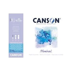 CANSON Montval aquarelpapier, wit met grove korrel 270 g/m², ft A3, blok met 12 vellen - blauw Papier 3148958073251