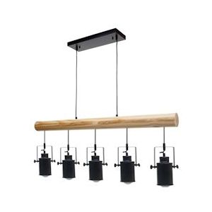 Mendler Hanglamp HWC-H83, hanglamp hanglamp, industrieel vintage massief hout metaal zwart ~ 5 spot kappen - zwart Massief hout 74214