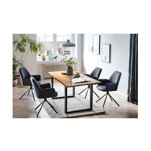 SalesFever eettafel groep 5-delig|160x85cm|tafelblad acacia 26mm cognac|metalen frame zwart|4 fauteuils 360° draaibaar kunstleerlook|donkerblauw-zwart - 370537