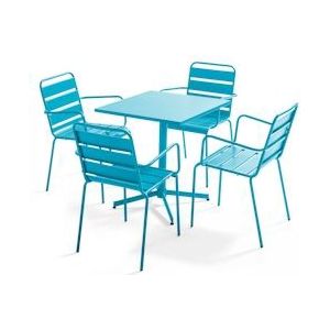 Oviala Business Set van 4 blauwe metalen fauteuils en tuintafel - Oviala - blauw Staal 105399