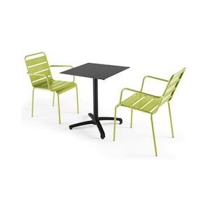 Oviala Business Set van zwarte laminaat tuintafel en 2 groene fauteuils - Oviala - groen Metaal 108226