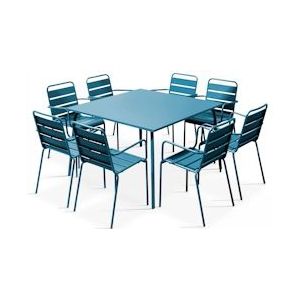 Oviala Business Vierkante terrastafel en 8 stoelen in Pacifisch blauw metaal - Oviala - blauw Staal 106046