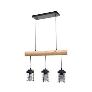 Mendler Hanglamp HWC-H83, hanglamp hanglamp, industrieel vintage massief hout metaal zwart ~ 3 kooi lampenkappen - zwart Massief hout 74208