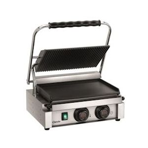 Bartscher Contact/Paninigrill MDI 1GR | Geribbeld/Glad | 2.2kW | Grillplaten Gietijzer/Geëmailleerd | 410x400x200(h)mm - Roestvrij staal A150976