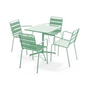 Oviala Business Set van saliegroene metalen tuintafel en 4 fauteuils - Oviala - groen Staal 109194