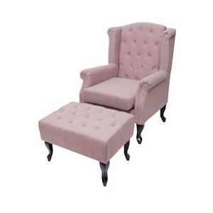 Mendler Chesterfield fauteuil, relax club fauteuil wing chair, waterafstotende stof/textiel ~ vintage roze met voetenbankje - roze Textiel 75309+75310+75311
