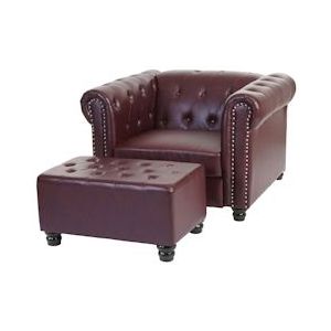 Mendler Luxe fauteuil loungestoel relax fauteuil Chesterfield kunstleer ~ ronde poten, roodbruin met voetenbankje - meerkleurig Synthetisch materiaal 31975+31976+31977+31984