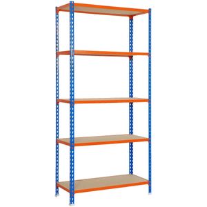 SimonRack Maderclick metalen planken zonder schroeven 5 planken. Kleur Blauw/Oranje/Hout 2000x1100x300 mm - oranje Metaal 8425437077777