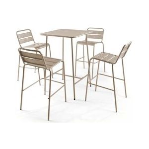 Oviala Business Bartafel en 4 hoge stoelen in taupe metaal - Oviala - grijs Staal 106202