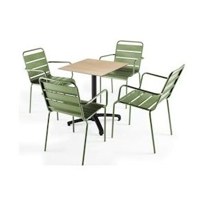 Oviala Business Eiken natuur laminaat terrastafel en 4 cactus fauteuils - Oviala - groen Metaal 110165