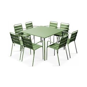 Oviala Business Set van vierkante terrastafel en 8 cactusgroene metalen fauteuils - Oviala - groen Staal 106045