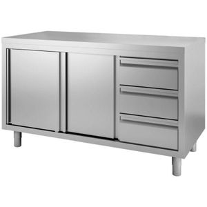 Gastro-Inox RVS werkkast met schuifdeuren en 3 laden, 1600(L)x600(D)x880(H)mm - 7445908683697