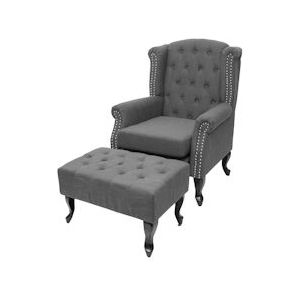 Mendler Chesterfield fauteuil, relax club fauteuil wing chair, waterafstotende stof/textiel ~ donkergrijs met voetenbank - grijs Textiel 75300+75301+75302