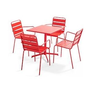 Oviala Business MobeventPro Vierkante opklapbare terrastafel L.70 x B.70 x H.72 cm en 4 armstoelen L.55 x B.55 x H.83 cm - metaal - Rood - rood Staal 105397