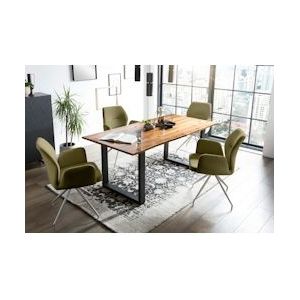 SalesFever Acacia tafelgroep 160 cm | 5-delig | 26 mm blad cognac | metalen frame zwart | bureaustoelen van stof met structuur | groen - 370957