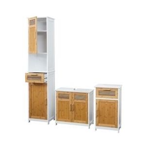 Mendler Badkamer set HWC-A85, hoge unit wastafel badmeubel commode bamboe, wit - bruin Bamboe 57142+57146+57145