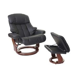 Robas Lund MCA Relax fauteuil Calgary XXL, TV fauteuil kruk, echt leer 180kg belastbaar ~ zwart, walnoot look - zwart Leer 56055