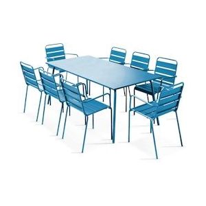 Oviala Business Pacifisch blauwe metalen tuintafel en 8 fauteuils - Oviala - blauw Staal 106040