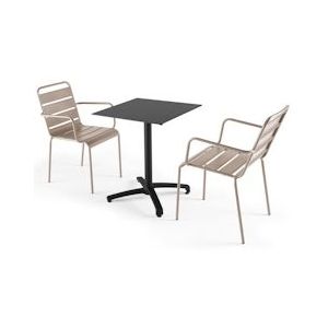 Oviala Business Set van zwarte laminaat tuintafel en 2 taupe fauteuils - Oviala - grijs Metaal 108227