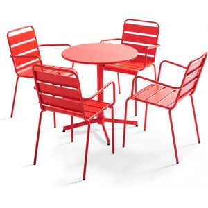 Oviala Business Set van tuintafel en 4 rode metalen fauteuils - Oviala - rood Staal 105411