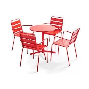 Oviala Business Set van tuintafel en 4 rode metalen fauteuils - Oviala - rood Staal 105411