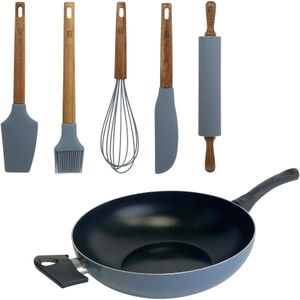 San Ignacio Noia - Wok Ø30cm van geperst aluminium, kleur blauw, met set van 5 siliconen en houten keukengerei - blauw PK8782