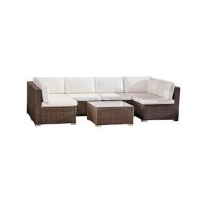 Teamson Home 7-Delige Grote Hoek Loungeset - Tuinmeubelen - Tuinbank - Omvat Tafel en Kussens - Rotan - Bruin/Wit - bruin Hout 0810083330846