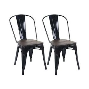 Mendler Set van 2 stoelen HWC-A73 incl. houten zitting, bistrostoel stapelstoel, metalen industrieel ontwerp stapelbaar ~ zwart - zwart Massief hout 70404